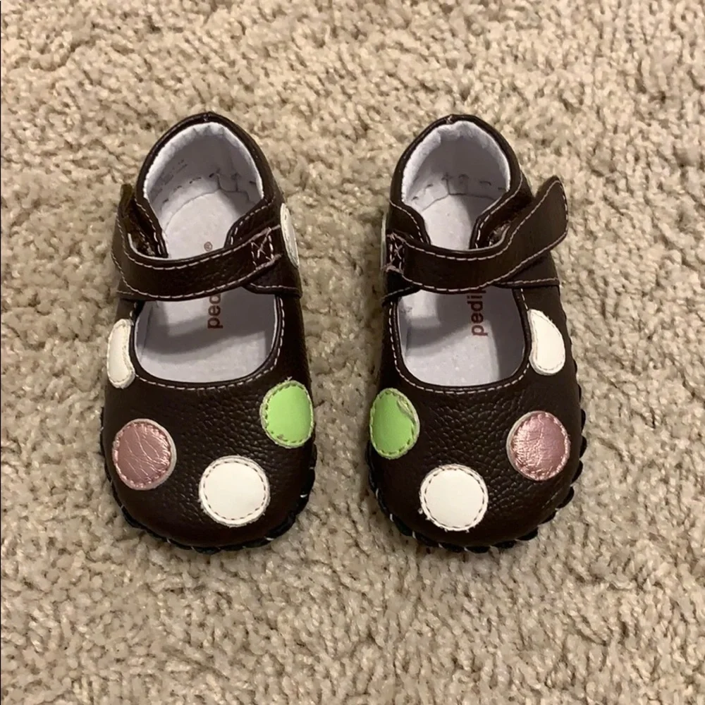 pediped Brown Mary Jane Shoes with White, Pink and Green Dots